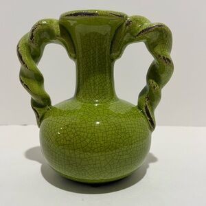 Green Ceramic Italian Style Vase with Twisted Handles & Decorative Crazing, 7”
